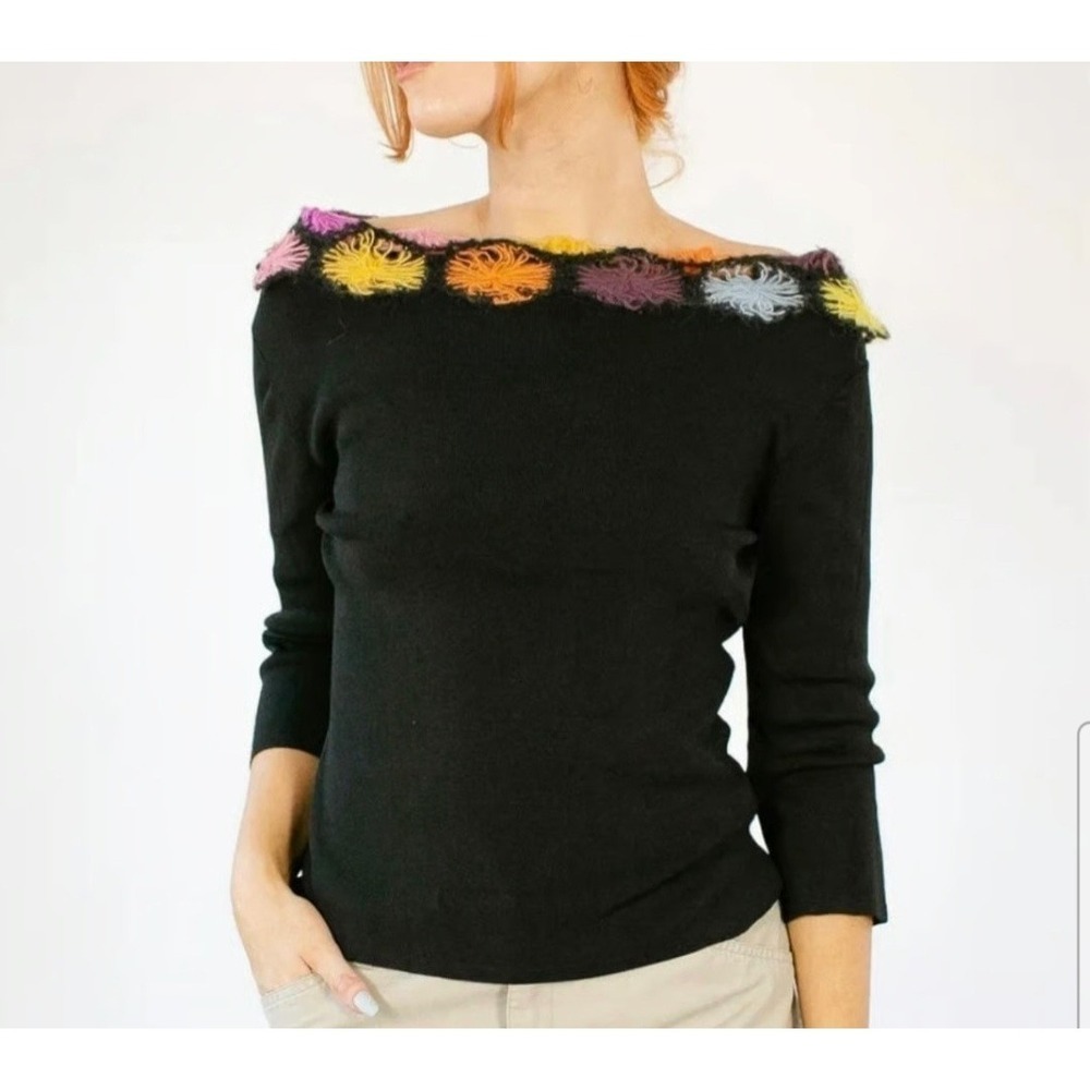 Vintage Joseph A Knit Top Womens Medium Black Crochet Floral Neckline 3/4 Sleeve